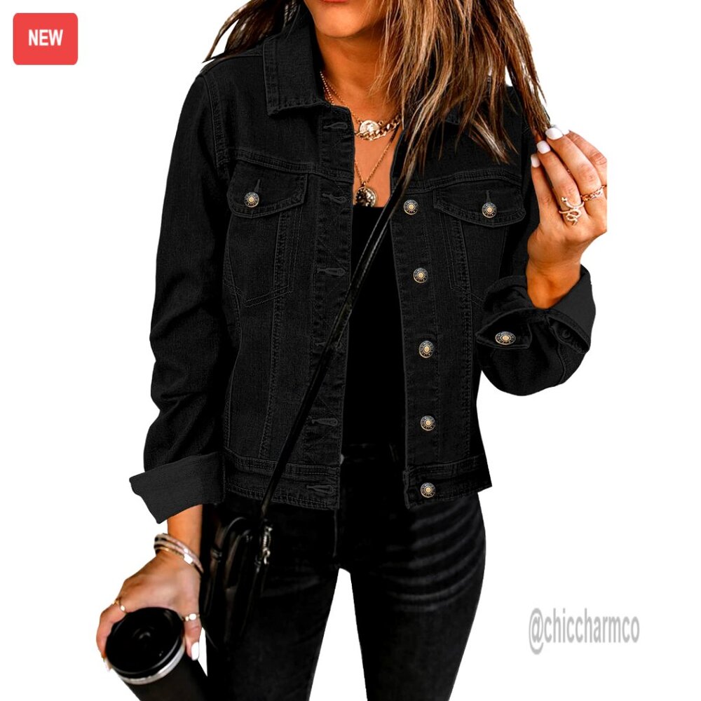Stretchy Denim Trucker Jacket Long Sleeve Button Down Women's Size Small